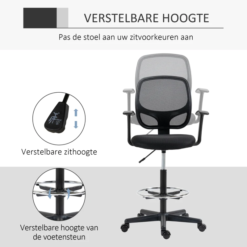 Vinsetto Bureaustoel ergonomisch met voetensteun, 5 wielen, in hoogte verstelbaar, staal, mesh-stof, zwart(m-5)