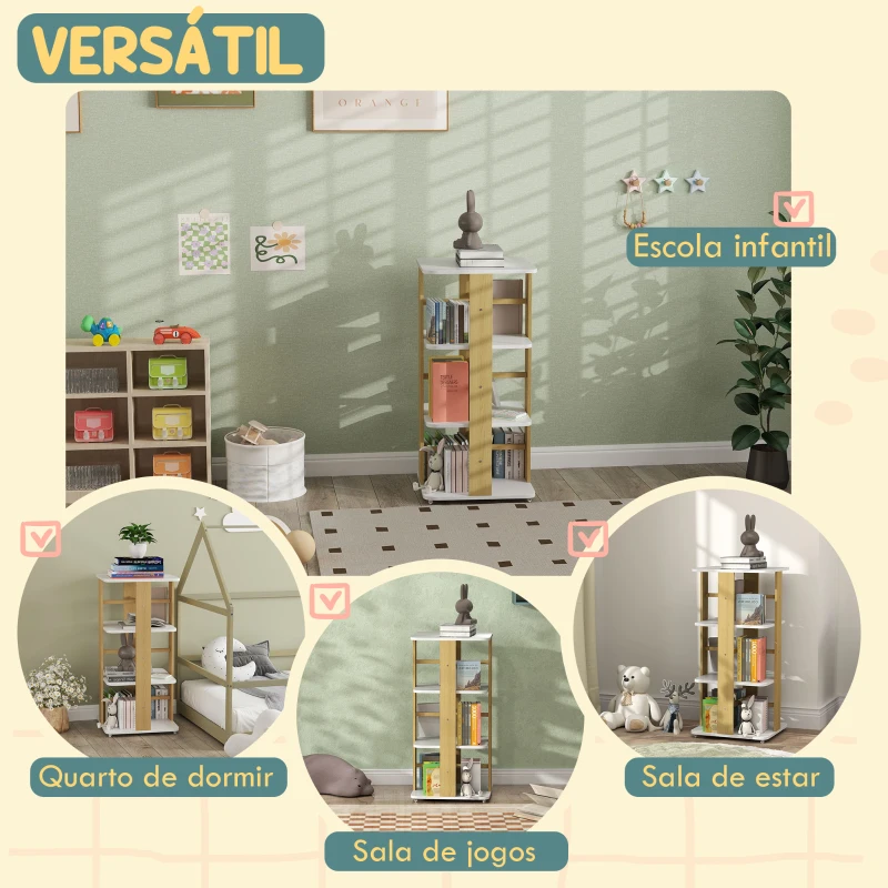 AIYAPLAY Estante para Livros Infantil Estante para Crianças com Rodas 3 Prateleiras 48x48x99,5 cm Branco e Madeira