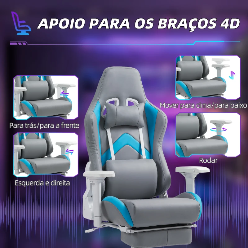 HOMCOM Cadeira Gamimg Reclinável com Apoio para os Pés Retrátil Suporte Lombar e Apoio para a Cabeça 74x73x120-129 cm Cinza Claro e Azul
