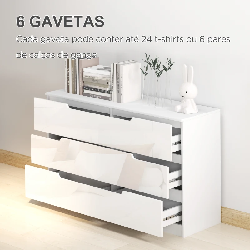 HOMCOM Cómoda com 6 Gavetas Cómoda de Dormitório Moderna com Sistema Anti-Tombo 120x40x75 cm Branco