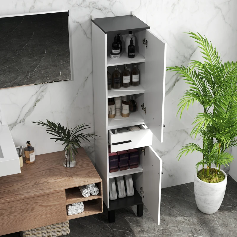 HOMCOM Coluna Casa de Banho Armário Alto Casa de Banho com Gaveta 2 Portas e Prateleiras Ajustáveis 34x34x170 cm Branco