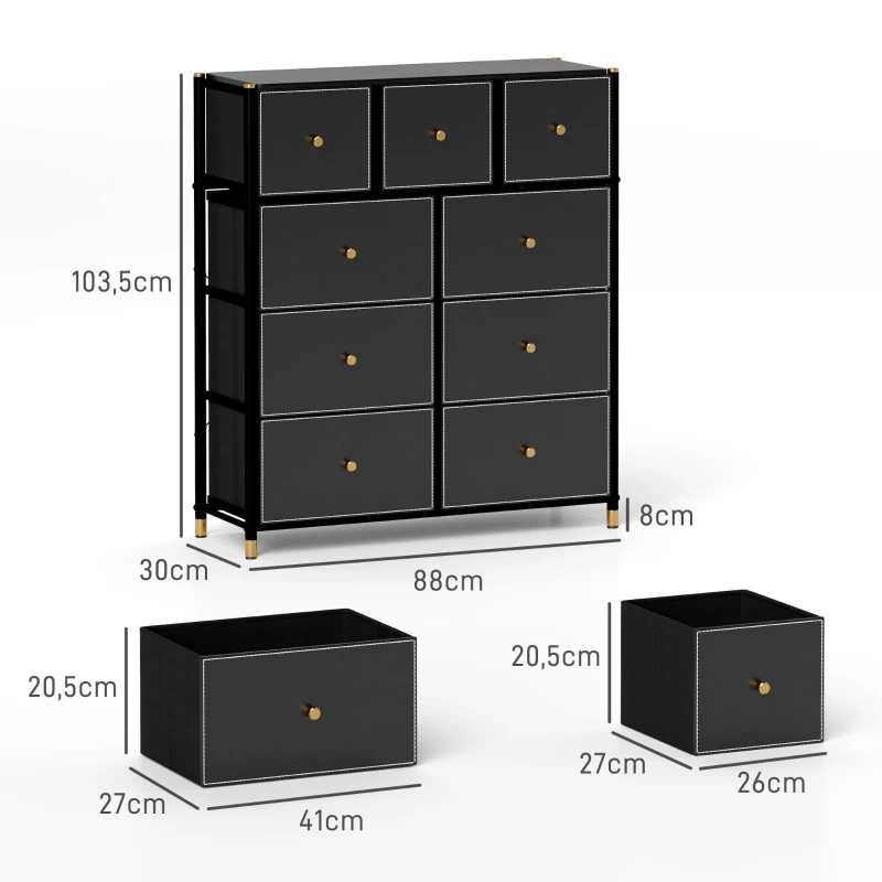HOMCOM Cómoda para Dormitório de Tecido com 9 Gavetas Dobráveis com Frentes de Couro PU e Estrutura de Aço 88x30x103,5 cm Preto