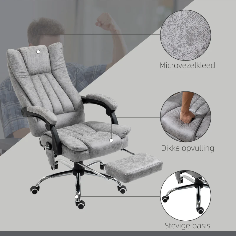 HOMCOM Ergonomische bureaustoel comfortabele grote massage met verwarmingsfunctie ligfunctie voetensteun thuis grijs