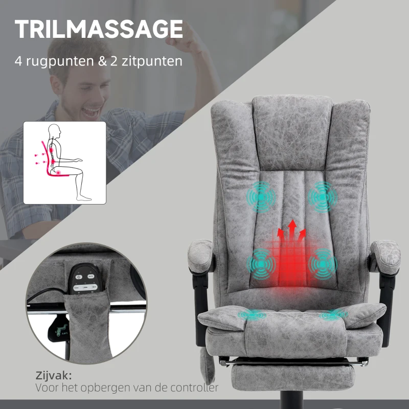 HOMCOM Ergonomische bureaustoel comfortabele grote massage met verwarmingsfunctie ligfunctie voetensteun thuis grijs