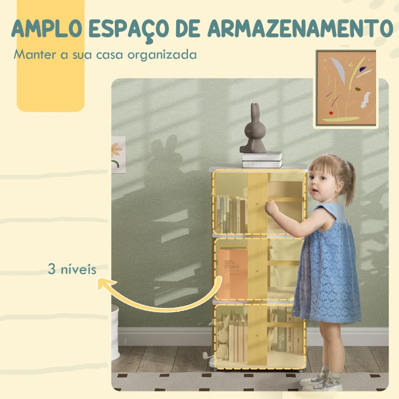 AIYAPLAY Estante para Livros Infantil Estante para Crianças com Rodas 3 Prateleiras 48x48x99,5 cm Branco e Madeira