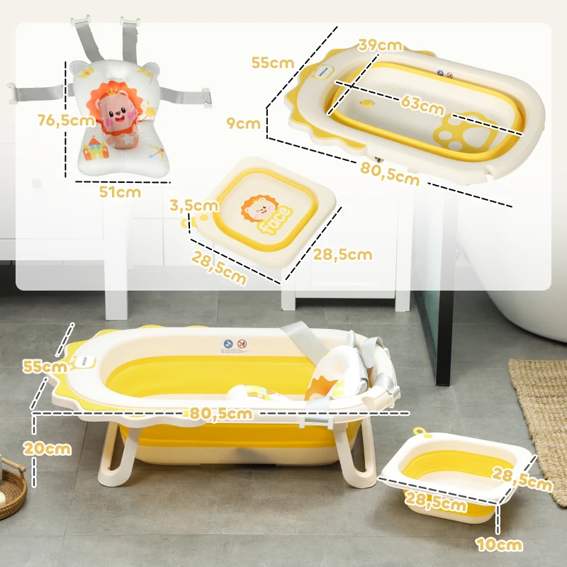 AIYAPLAY Banheira Dobrável para Bebés com Almofada e Cubo Antiderrapantes Orifício de Drenagem e Orifício para o Duche 80,5x55x20 cm Amarelo