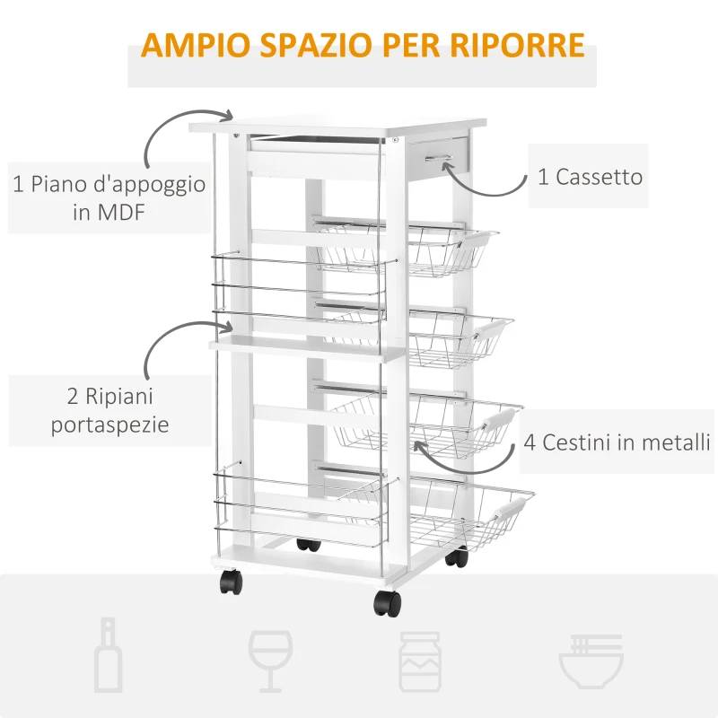 HOMCOM Carrello da Cucina Salvaspazio in Legno Bianco, Portavivande con 1 Piano di Lavoro 1 Cassetto e 4 Cestelli Metallici, 47x37x83cm