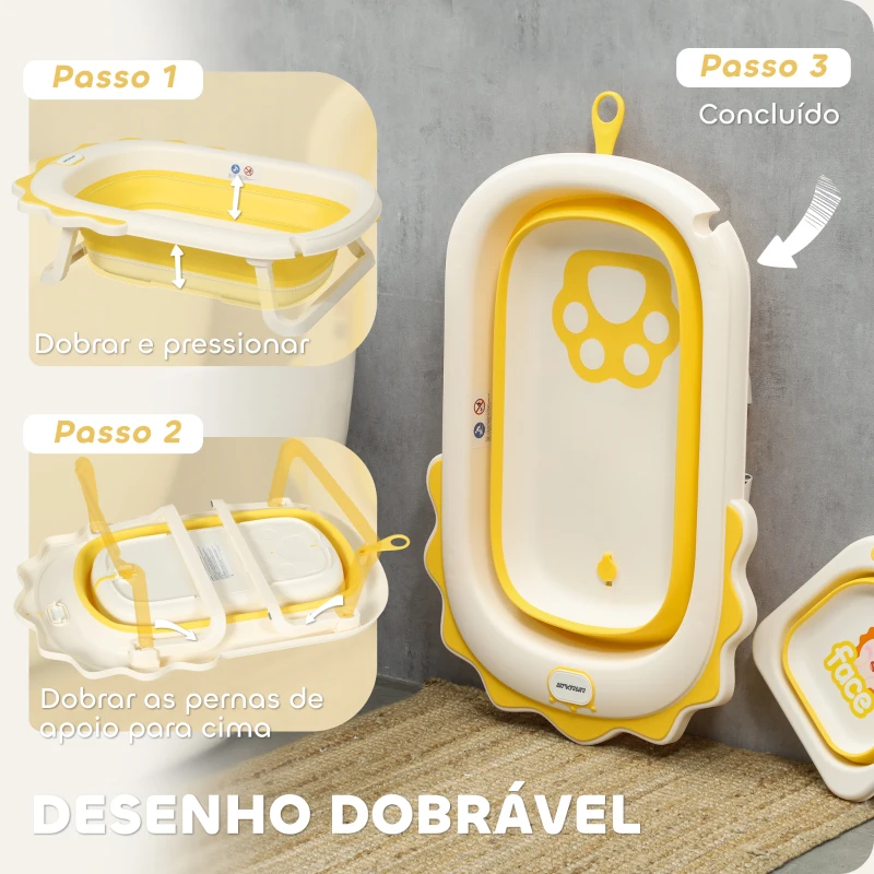 AIYAPLAY Banheira Dobrável para Bebés com Almofada e Cubo Antiderrapantes Orifício de Drenagem e Orifício para o Duche 80,5x55x20 cm Amarelo