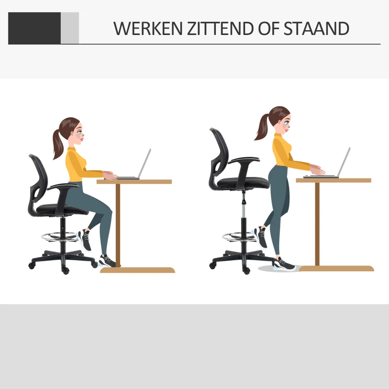 Vinsetto Bureaustoel ergonomisch met voetensteun, 5 wielen, in hoogte verstelbaar, staal, mesh-stof, zwart(m-6)
