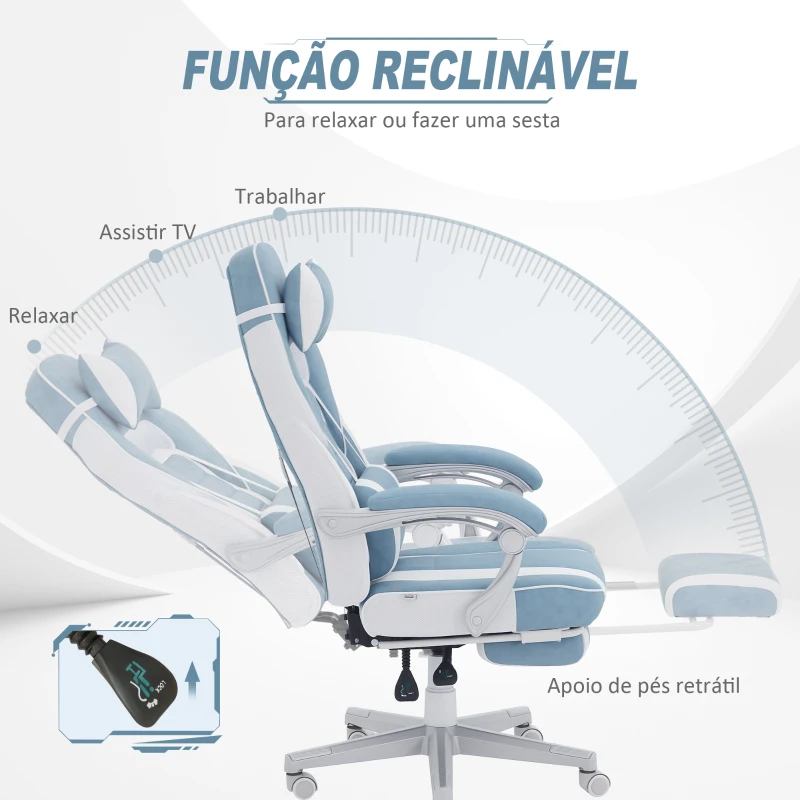 HOMCOM Cadeira Gaming Cadeira de Escritório Reclinável Apoio para os Pés Retrátil Suporte Lombar e Almofada para a Cabeça 63x63x115,5-123 cm Azul