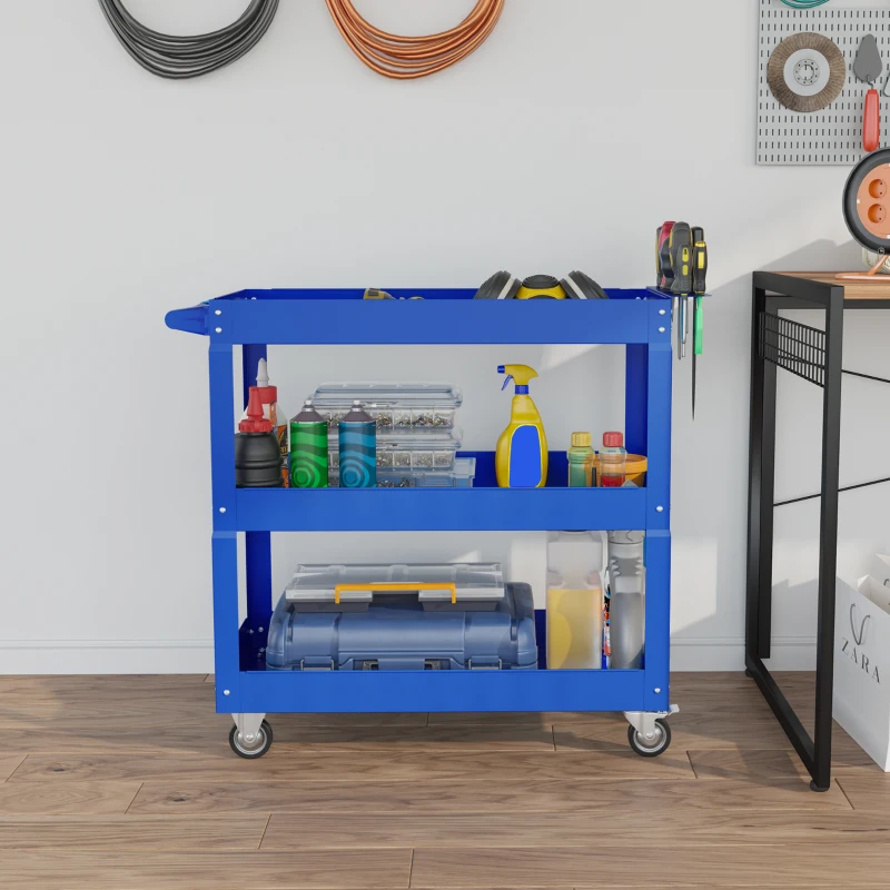 DURHAND Carrinho de Ferramentas com Rodas 3 Prateleiras de Armazenamento e Alça Lateral 83x35,3x76 cm Azul