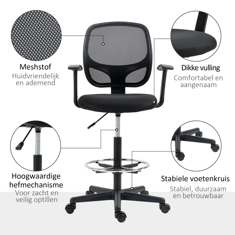Vinsetto Bureaustoel ergonomisch met voetensteun, 5 wielen, in hoogte verstelbaar, staal, mesh-stof, zwart(m-8)