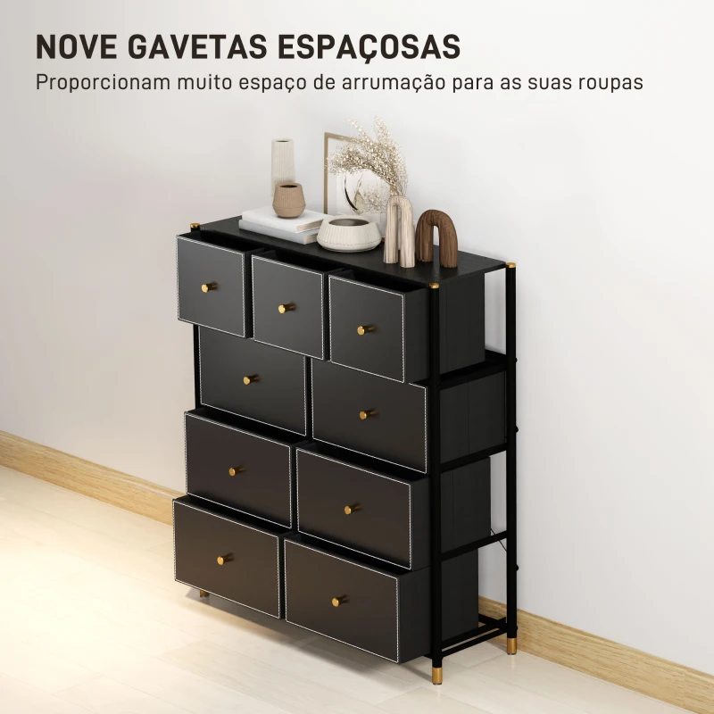 HOMCOM Cómoda para Dormitório de Tecido com 9 Gavetas Dobráveis com Frentes de Couro PU e Estrutura de Aço 88x30x103,5 cm Preto
