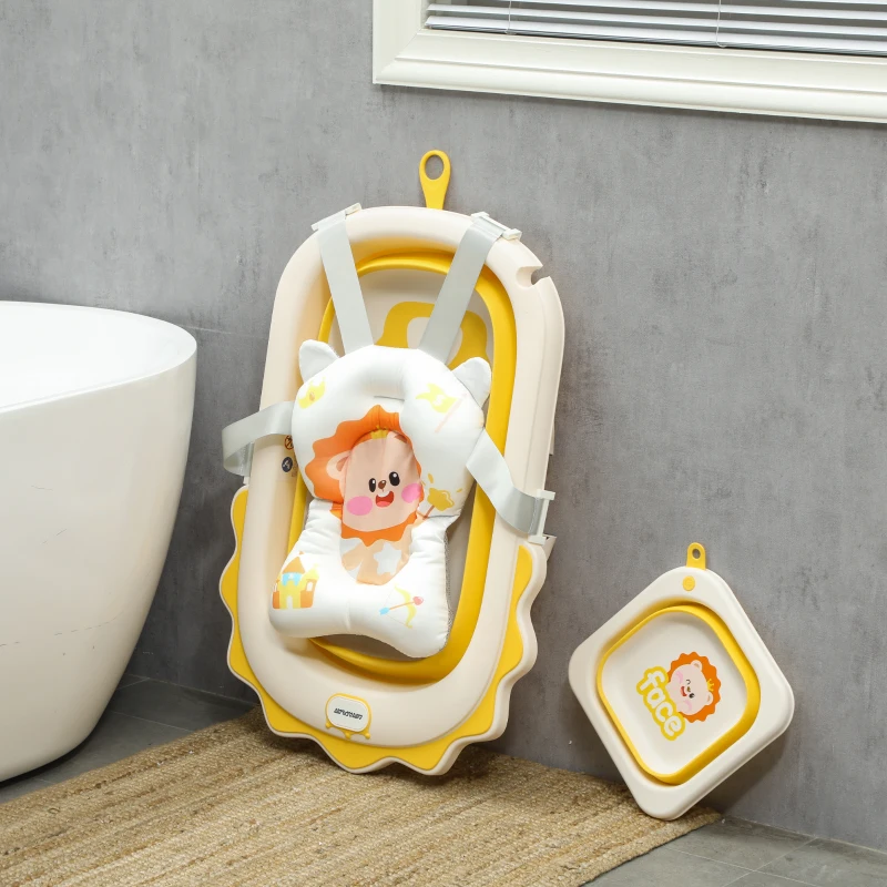 AIYAPLAY Banheira Dobrável para Bebés com Almofada e Cubo Antiderrapantes Orifício de Drenagem e Orifício para o Duche 80,5x55x20 cm Amarelo