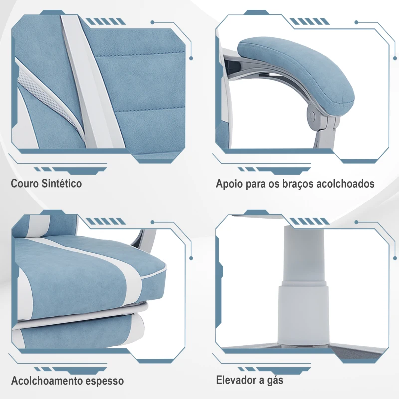 HOMCOM Cadeira Gaming Cadeira de Escritório Reclinável Apoio para os Pés Retrátil Suporte Lombar e Almofada para a Cabeça 63x63x115,5-123 cm Azul