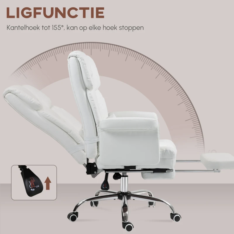HOMCOM Ergonomische Bureaustoel, In Hoogte Verstelbaar 48-56 cm, Kantelbare Rugleuning, Voetsteun, Wit(m-6)