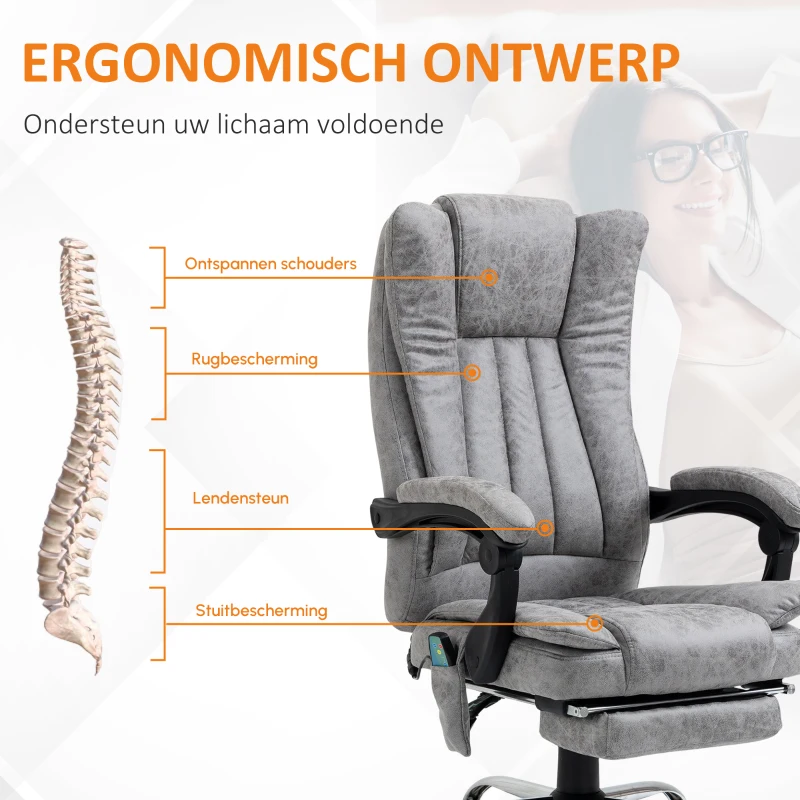 HOMCOM Ergonomische bureaustoel comfortabele grote massage met verwarmingsfunctie ligfunctie voetensteun thuis grijs