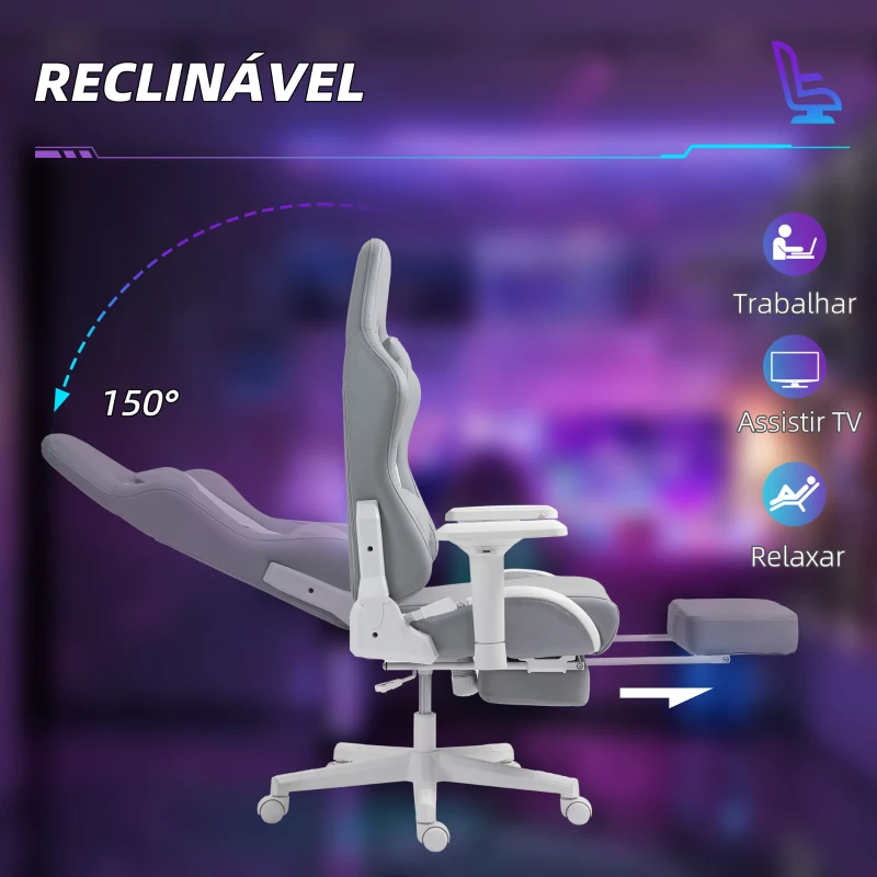 HOMCOM Cadeira Gamimg Reclinável com Apoio para os Pés Retrátil Suporte Lombar e Apoio para a Cabeça 74x73x120-129 cm Cinza Claro e Branco