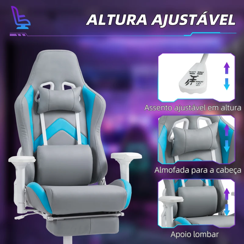 HOMCOM Cadeira Gamimg Reclinável com Apoio para os Pés Retrátil Suporte Lombar e Apoio para a Cabeça 74x73x120-129 cm Cinza Claro e Azul