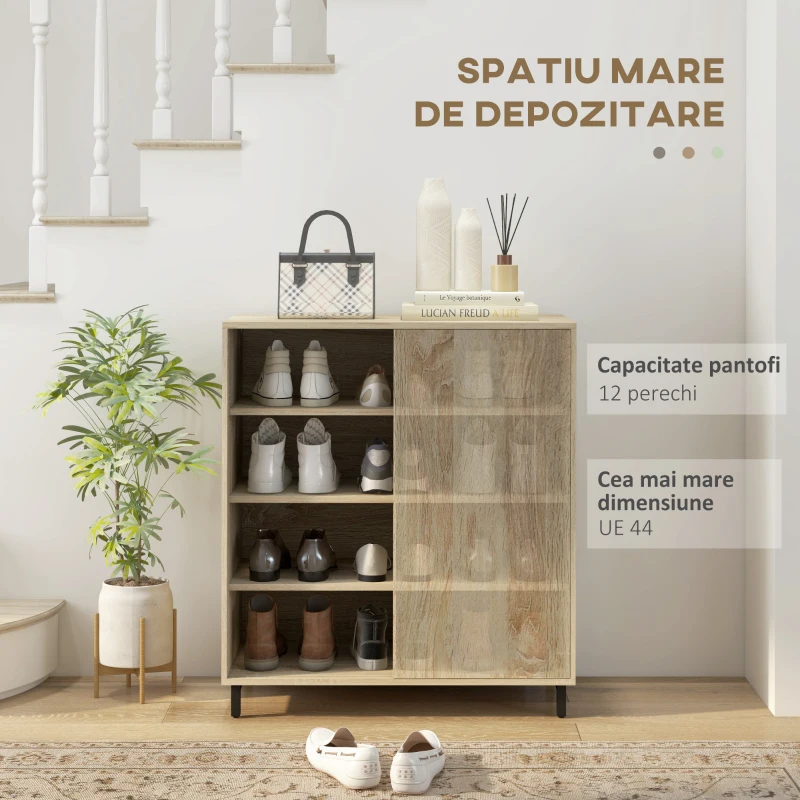 HOMCOM Dulap pentru Pantofi pe 4 Niveluri din PAL și Oțel cu Ușă Glisantă și Rafturi Reglabile, 80x40x93 cm, Lemn Natural