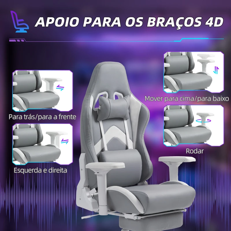 HOMCOM Cadeira Gamimg Reclinável com Apoio para os Pés Retrátil Suporte Lombar e Apoio para a Cabeça 74x73x120-129 cm Cinza Claro e Branco