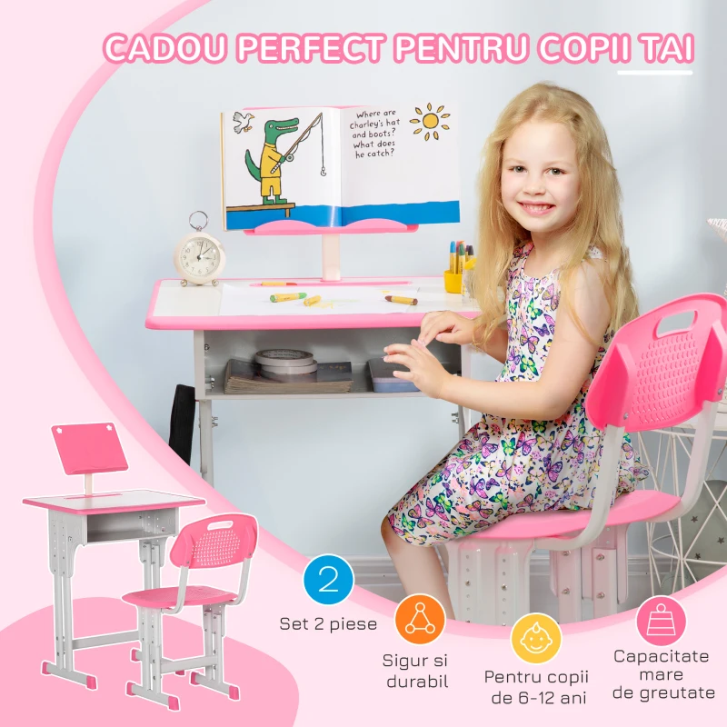 HOMCOM Bancă cu Scaun pentru Copii 6-12 ani cu Înălțime Reglabilă, Suport pentru Cărți și Raft, 60x45x90-102 cm, Roz