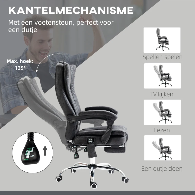 Vinsetto Directiestoel met Massage- en Verwarmfunctie, Voetensteun, Verstelbaar, tot 120kg, Grijs