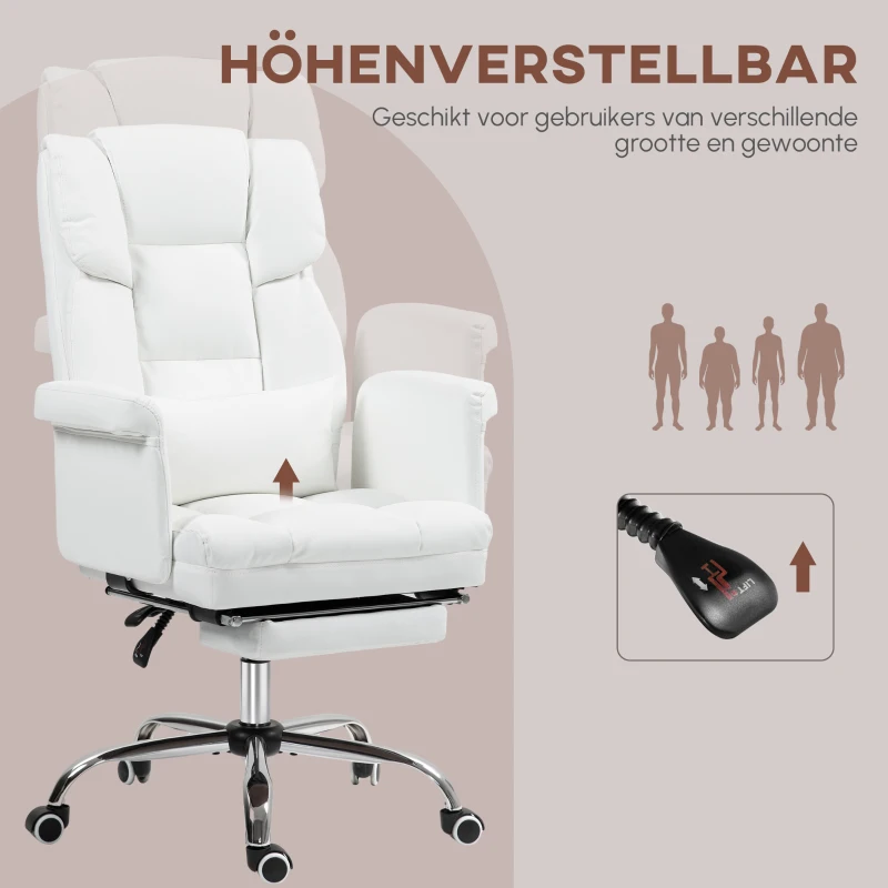 HOMCOM Ergonomische Bureaustoel, In Hoogte Verstelbaar 48-56 cm, Kantelbare Rugleuning, Voetsteun, Wit(m-7)