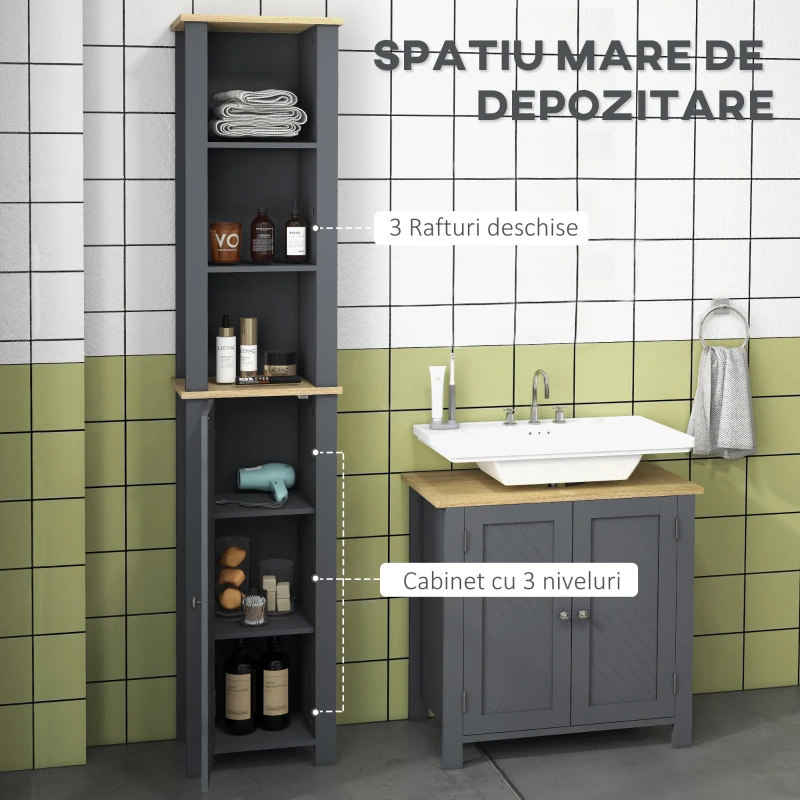 kleankin Dulap de Depozitare Inalt pentru Baie, Organizator de Baie cu Dulap cu Usa si 3 Rafturi, Turn Independent pentru Lenjerie, Gri