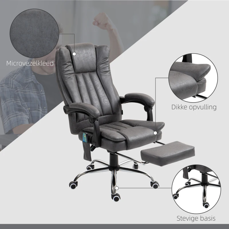 Vinsetto Directiestoel met Massage- en Verwarmfunctie, Voetensteun, Verstelbaar, tot 120kg, Grijs