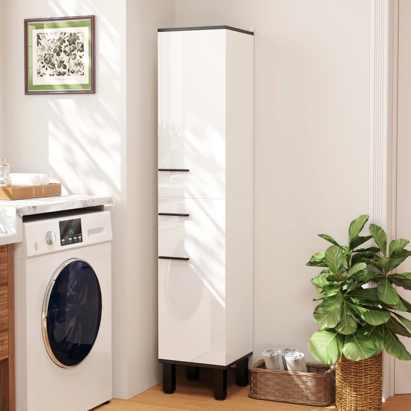 HOMCOM Coluna Casa de Banho Armário Alto Casa de Banho com Gaveta 2 Portas e Prateleiras Ajustáveis 34x34x170 cm Branco
