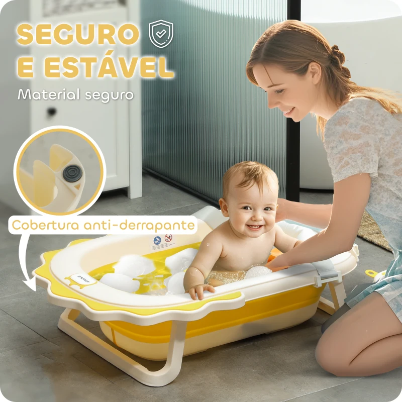 AIYAPLAY Banheira Dobrável para Bebés com Almofada e Cubo Antiderrapantes Orifício de Drenagem e Orifício para o Duche 80,5x55x20 cm Amarelo