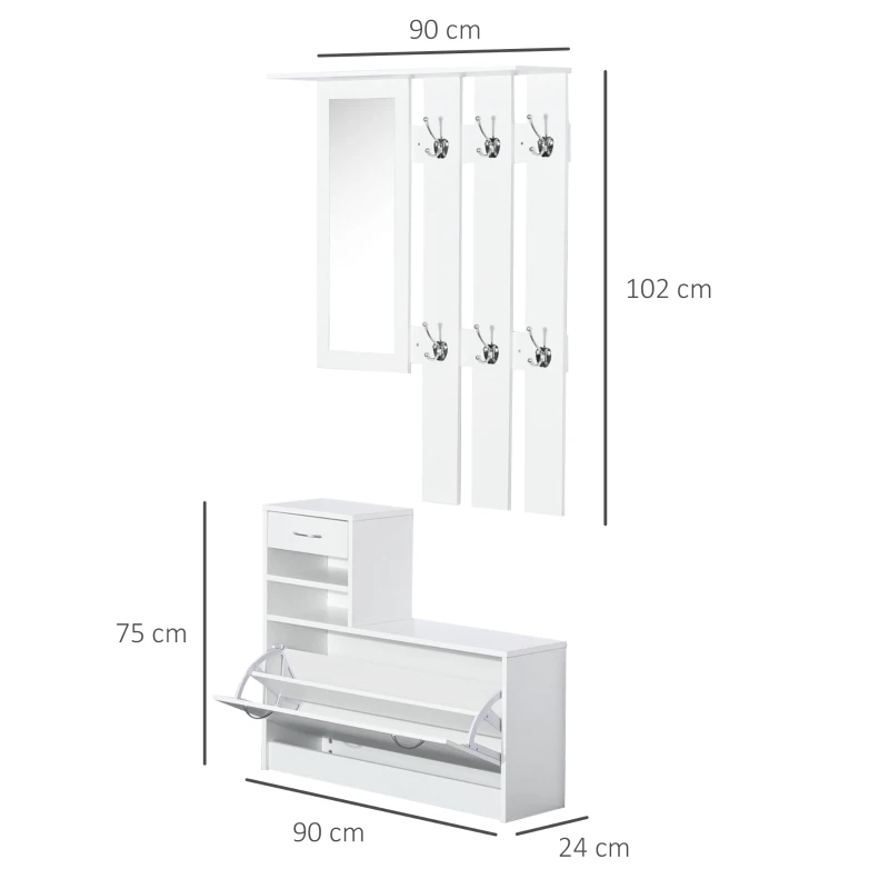 HOMCOM Set Mobili Ingresso Moderno con Scarpiera e Specchio, Appendiabiti da Ingresso con 6 Ganci, 2 Ripiani Regolabili e Cassetti in Legno per Corridoio, 90x24x177 cm, Bianco