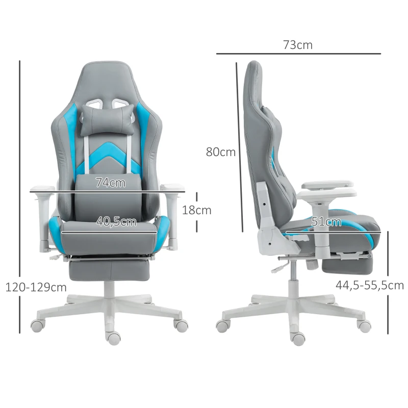 HOMCOM Cadeira Gamimg Reclinável com Apoio para os Pés Retrátil Suporte Lombar e Apoio para a Cabeça 74x73x120-129 cm Cinza Claro e Azul