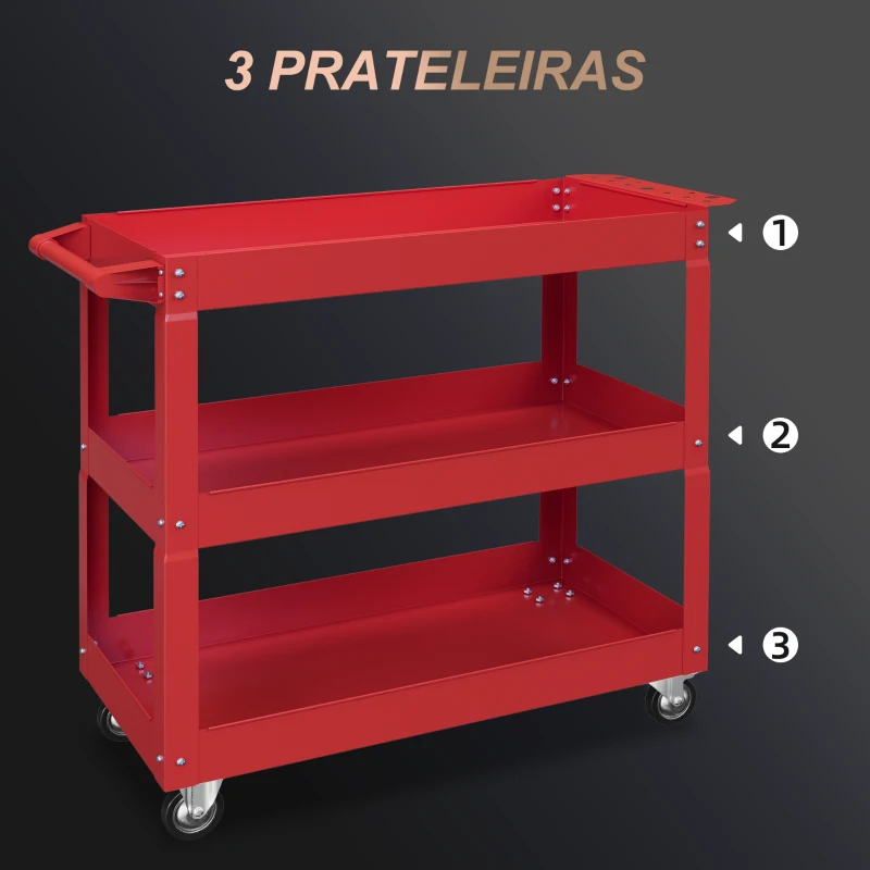 DURHAND Carrinho de Ferramentas com Rodas 3 Prateleiras de Armazenamento e Alça Lateral 83x35,3x76 cm Vermelho
