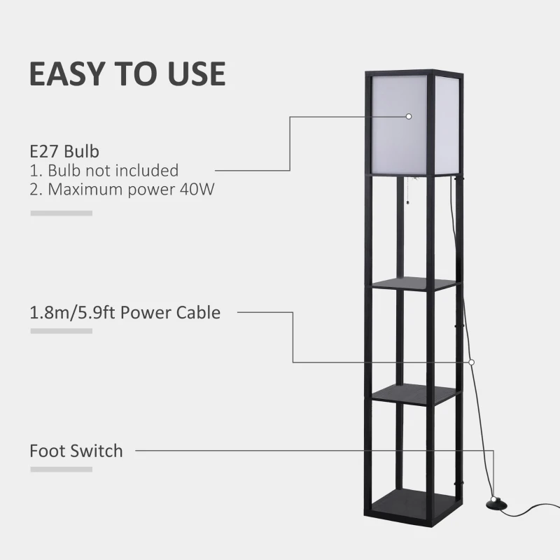 Lampa stojąca z półkami oświetlenie wewnętrzne e27 do 40w drewno czarna 26 x 26 x 160 cm HOMCOM®