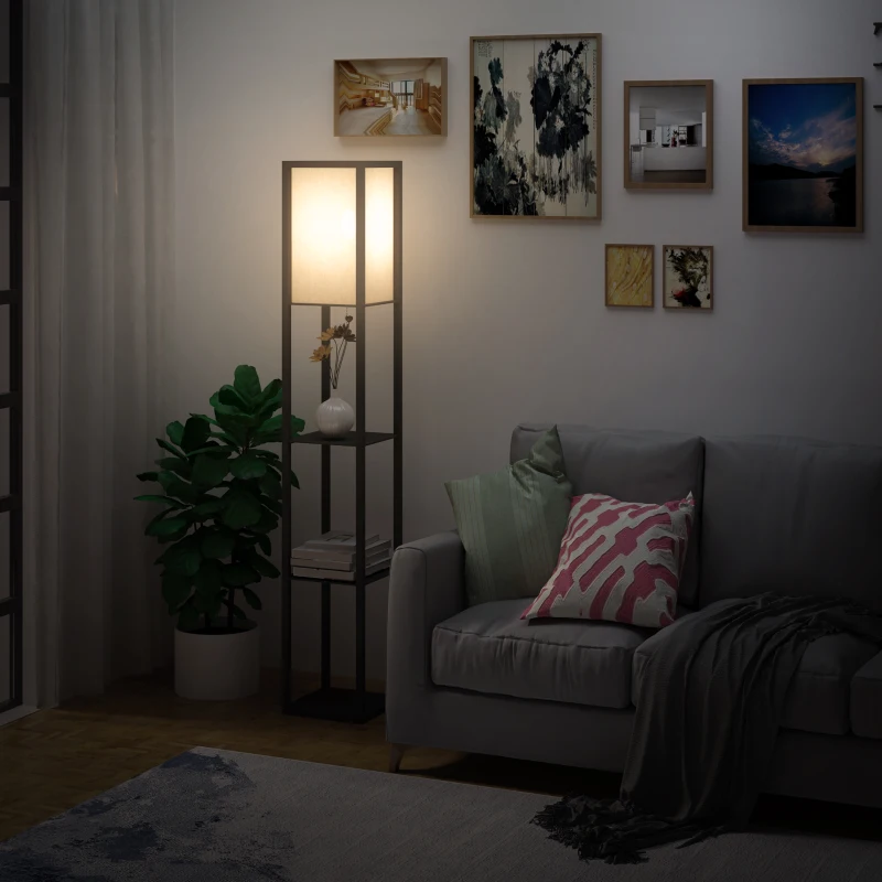 Lampa stojąca z półkami oświetlenie wewnętrzne e27 do 40w drewno czarna 26 x 26 x 160 cm HOMCOM®