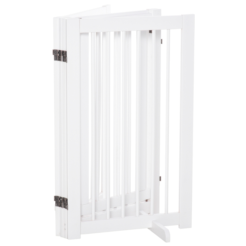 PawHut Absperrgitter Hund 4-teilig, 220 x 91 cm Faltbar Türschutzgitter mit Tür, Freistehend Hundegitter mit 2 Stützfüßen, Treppengitter aus Holz für Flur, Küche, Treppe, Weiß