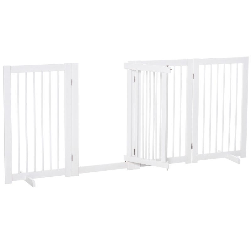 PawHut Absperrgitter Hund 4-teilig, 220 x 91 cm Faltbar Türschutzgitter mit Tür, Freistehend Hundegitter mit 2 Stützfüßen, Treppengitter aus Holz für Flur, Küche, Treppe, Weiß