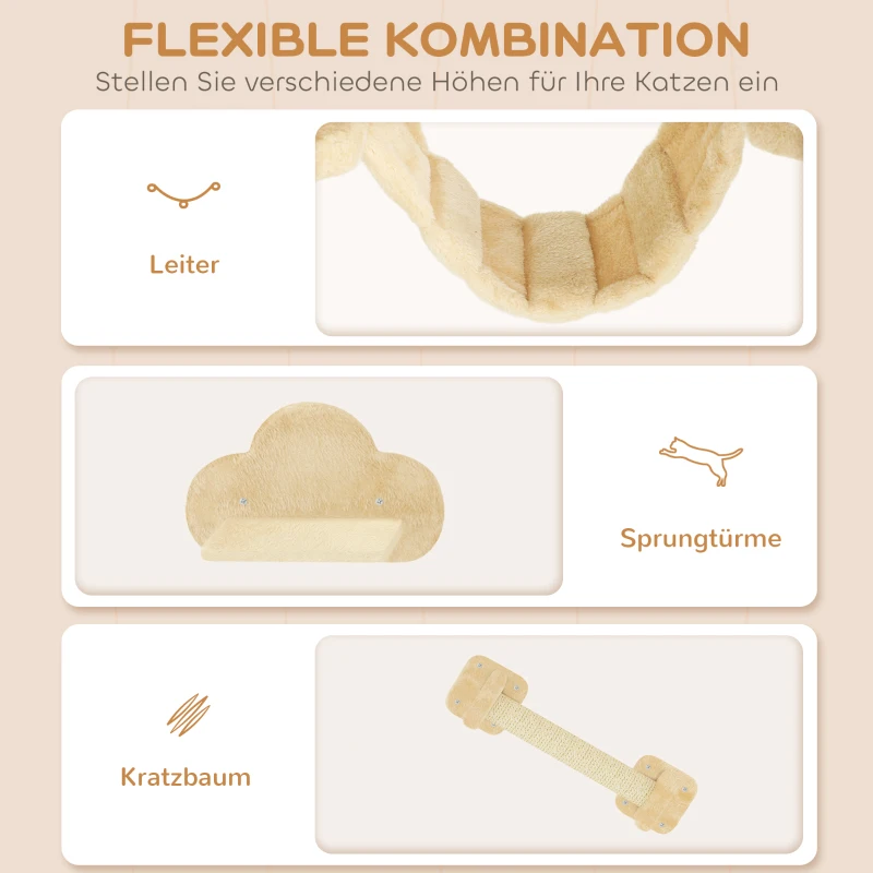PawHut 5-delig Katten Klimset met Krabpaal, Springplatformen, Ladder, Huis, Wandmontage, Beige