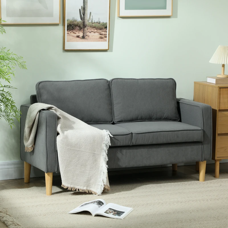 HOMCOM Canapea Modernă de 2 Locuri cu 2 Perne Detașabile, Spațiu de Depozitare și Picioare din Lemn, 140x63x79 cm, Gri(m-2)