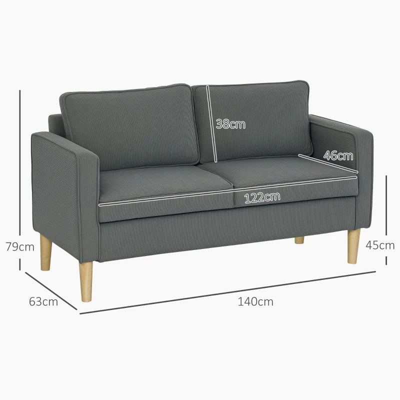 HOMCOM Canapea Modernă de 2 Locuri cu 2 Perne Detașabile, Spațiu de Depozitare și Picioare din Lemn, 140x63x79 cm, Gri(m-3)