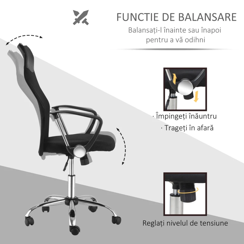HOMCOM scaun ergonomic de birou, insertie plasa, negru