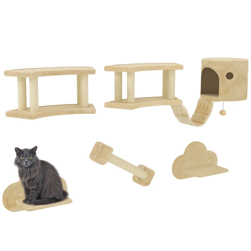 PawHut 5-delig Katten Klimset met Krabpaal, Springplatformen, Ladder, Huis, Wandmontage, Beige