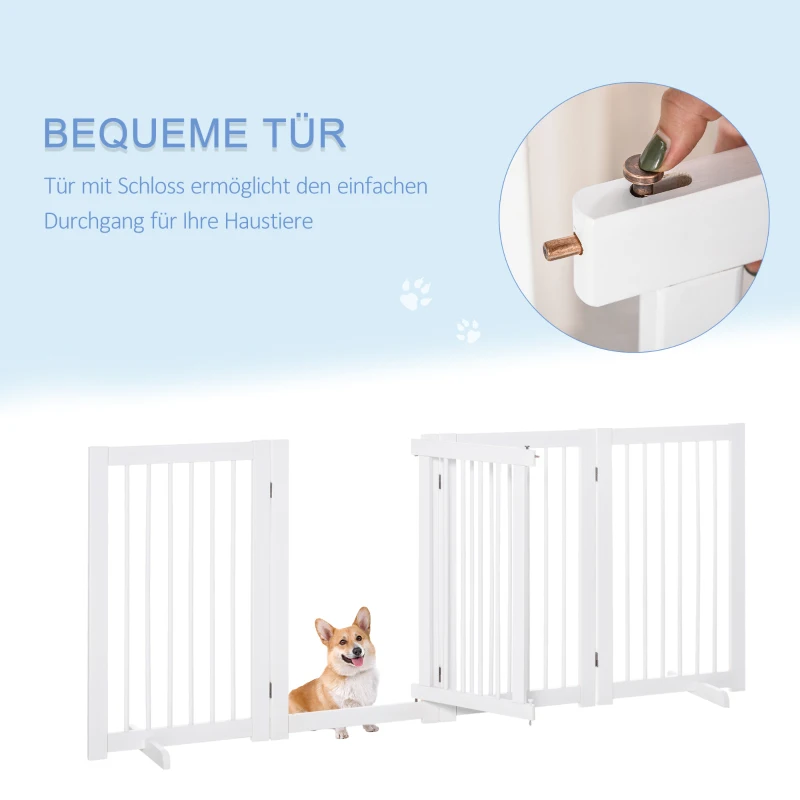 PawHut Absperrgitter Hund 4-teilig, 220 x 91 cm Faltbar Türschutzgitter mit Tür, Freistehend Hundegitter mit 2 Stützfüßen, Treppengitter aus Holz für Flur, Küche, Treppe, Weiß