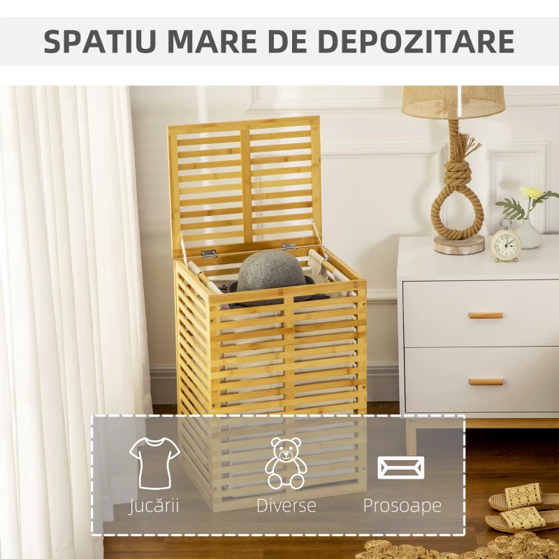 HOMCOM Cos de rufe din bambus, cu capac si sac de captuseala detasabil, cos de spalat, economiseste spatiu, natural