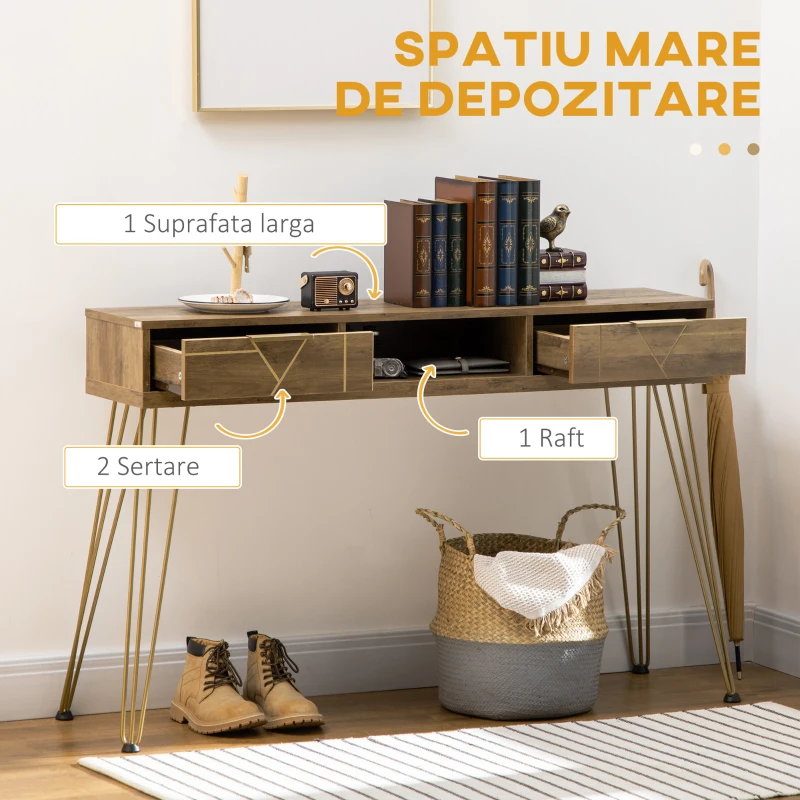 HOMCOM Consola din PAL si otel pentru intrare si living, raft deschis si 2 sertare, 120x29x79 cm, bronz