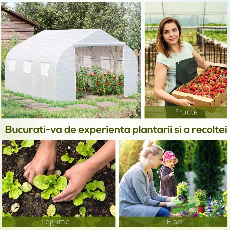 Outsunny Sera pentru grădină cu acoperiș din PE cu țevi din fier, alb, 3,5x3x2m(m-7)