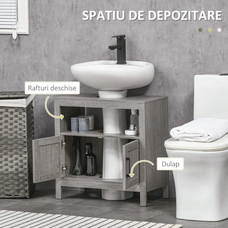 Kleankin Dulap de depozitare pentru chiuveta cu 2 usi si raft deschis, gri