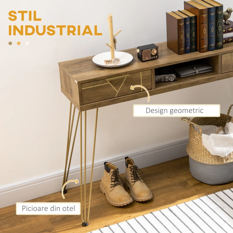 HOMCOM Consola din PAL si otel pentru intrare si living, raft deschis si 2 sertare, 120x29x79 cm, bronz
